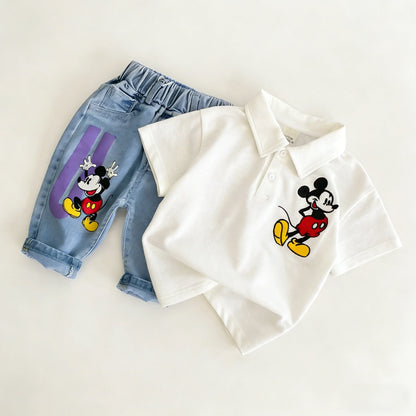 Mickey Mouse Striped Polo & Denim Shorts Set