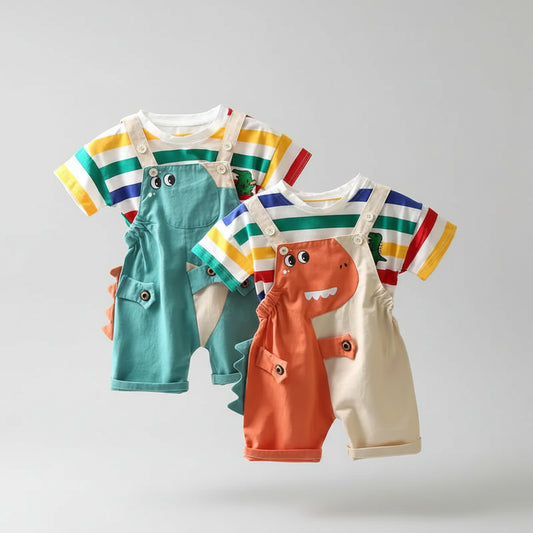 Cotton Striped Tee & Dino Applique Short Overalls Set