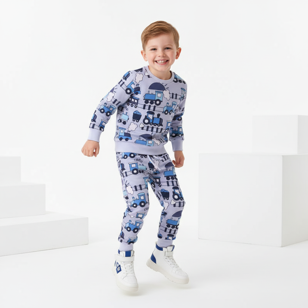 100% Cotton Blue Train Sweater & Pants Set