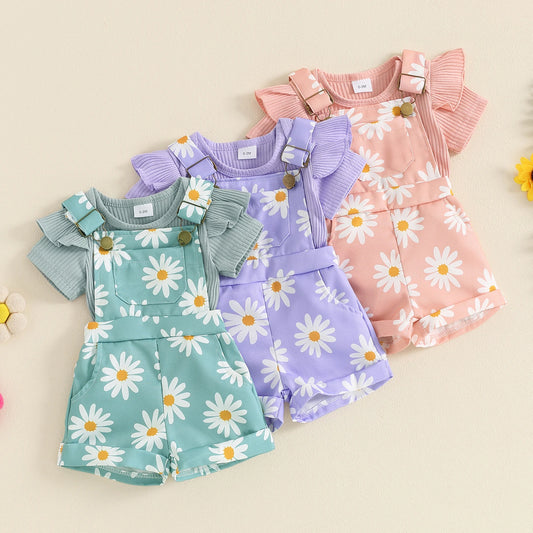 Floral Daisy Print Ruffle Sleeve Overall Set