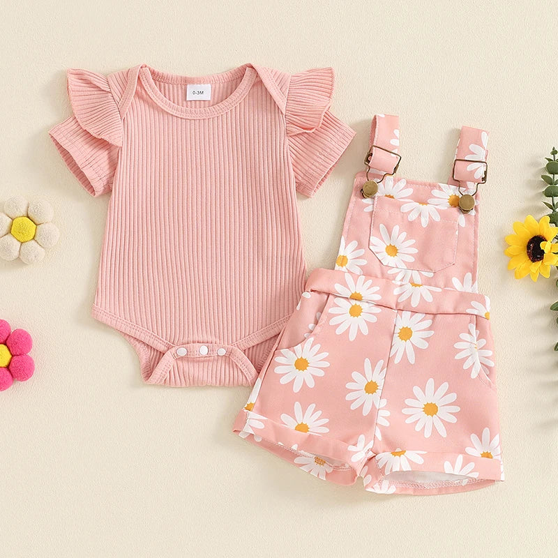 Floral Daisy Print Ruffle Sleeve Overall Set