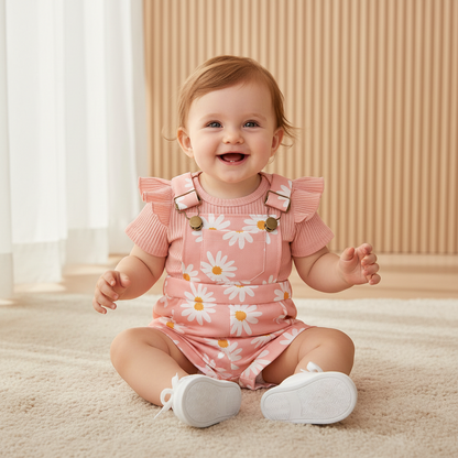 Floral Daisy Print Ruffle Sleeve Overall Set