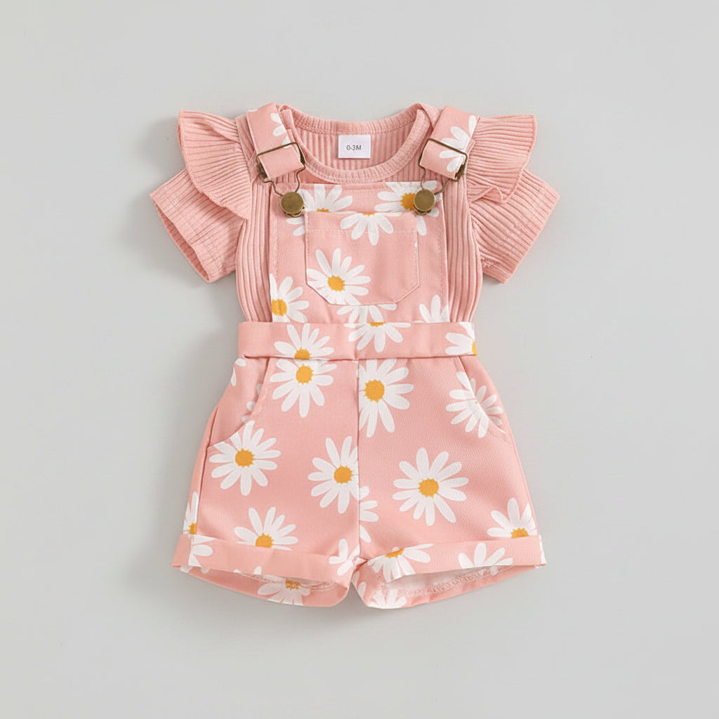 Floral Daisy Print Ruffle Sleeve Overall Set