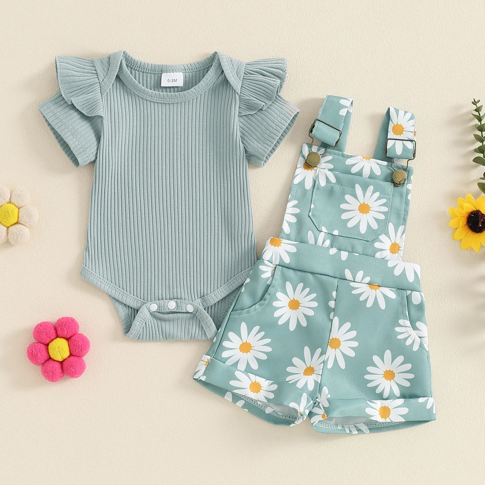 Floral Daisy Print Ruffle Sleeve Overall Set