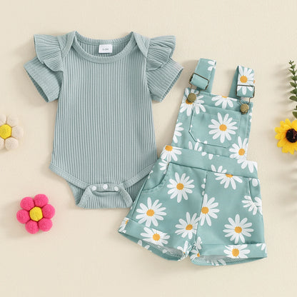 Floral Daisy Print Ruffle Sleeve Overall Set