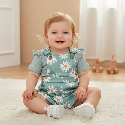 Floral Daisy Print Ruffle Sleeve Overall Set