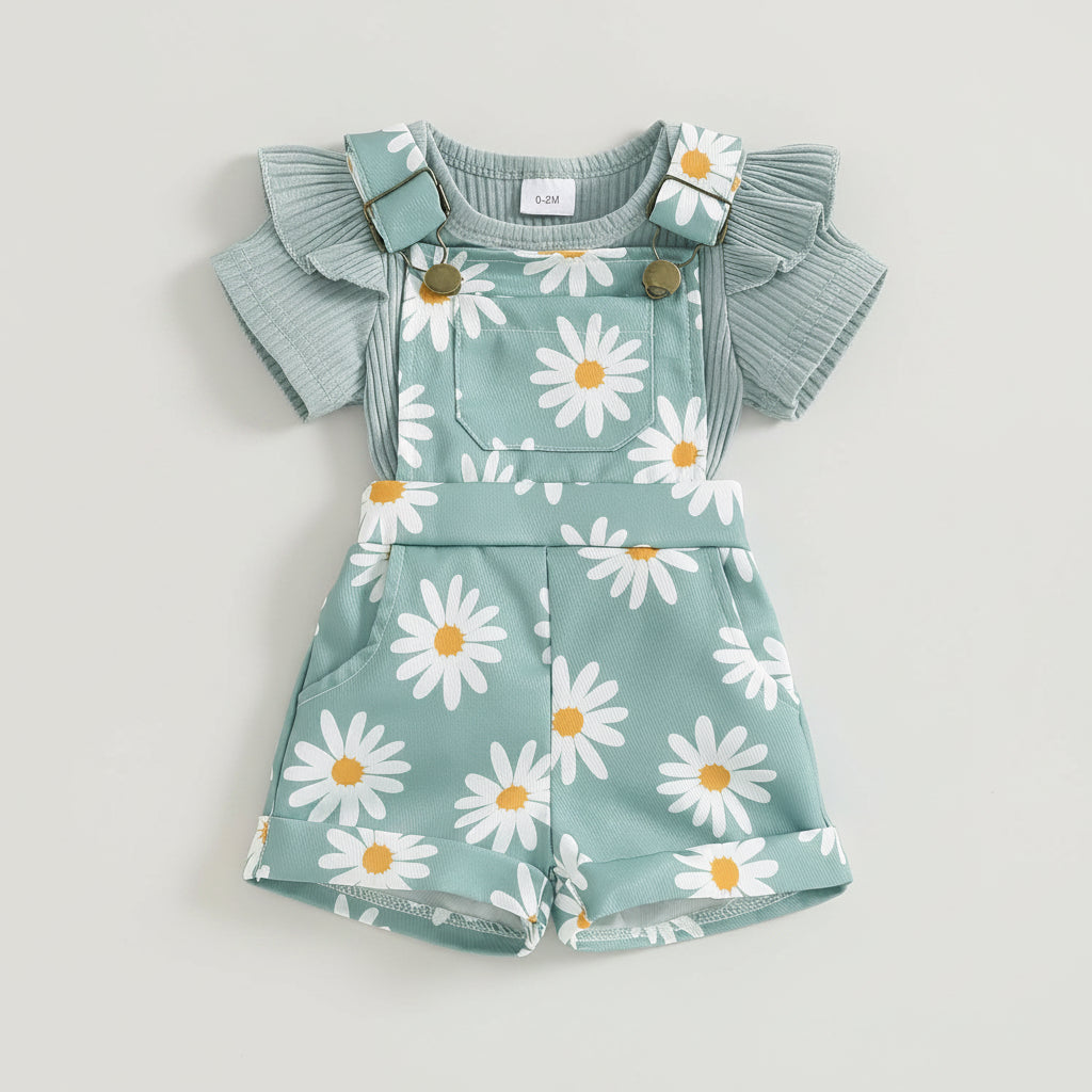 Floral Daisy Print Ruffle Sleeve Overall Set
