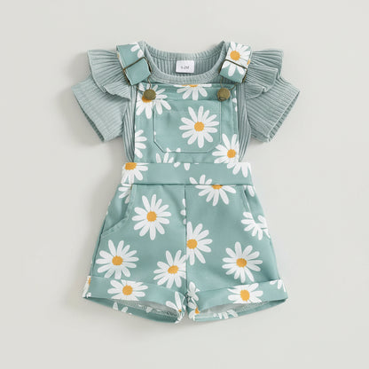 Floral Daisy Print Ruffle Sleeve Overall Set