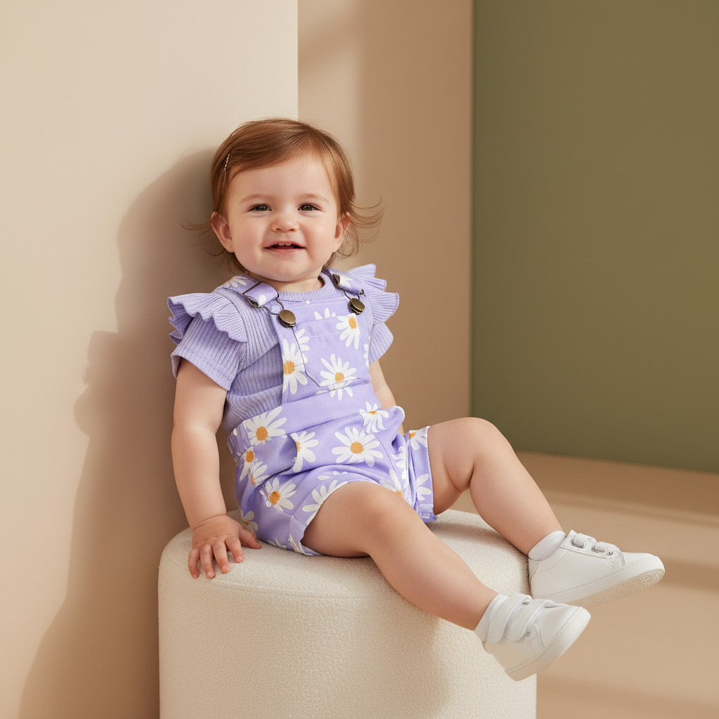 Floral Daisy Print Ruffle Sleeve Overall Set