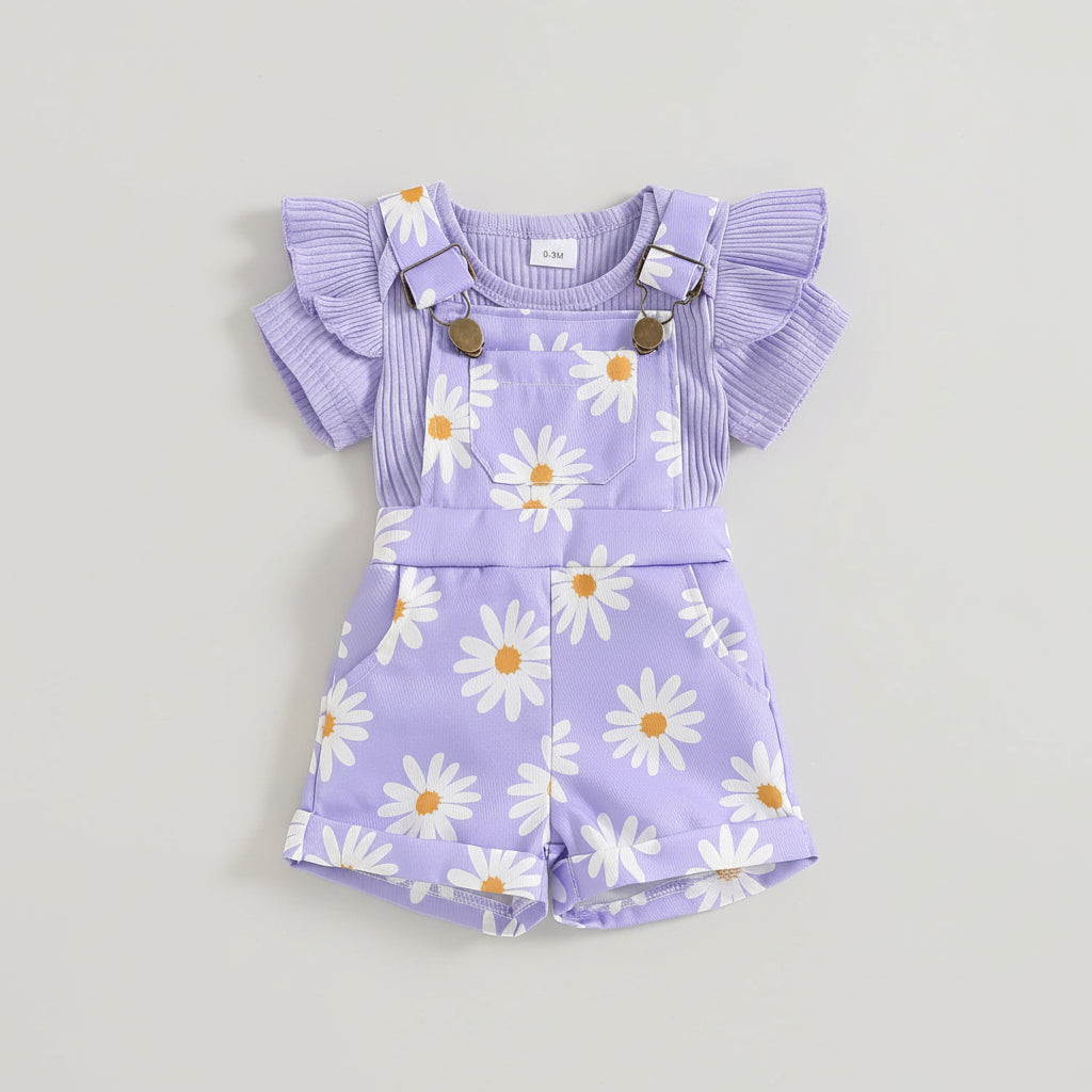 Floral Daisy Print Ruffle Sleeve Overall Set
