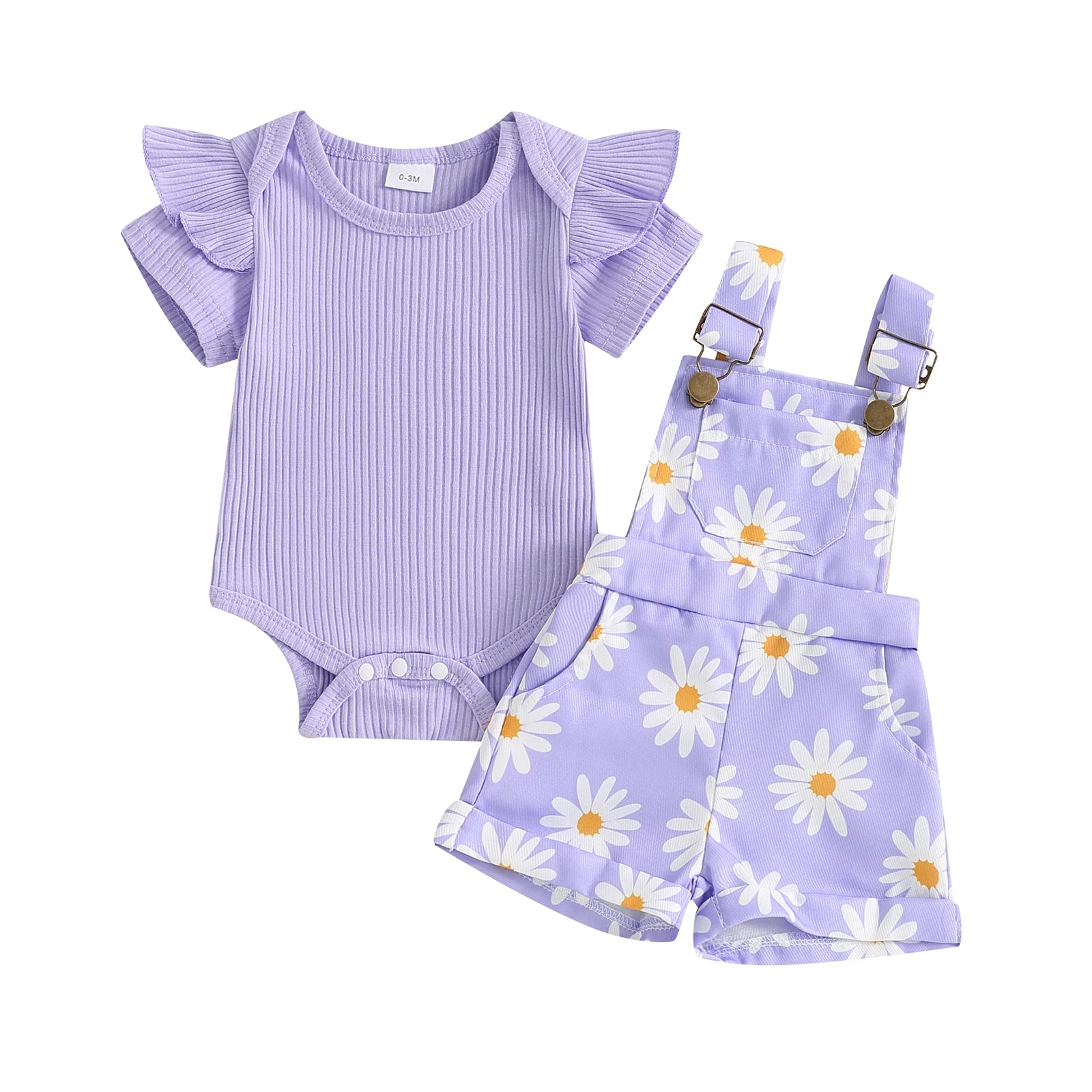 Floral Daisy Print Ruffle Sleeve Overall Set