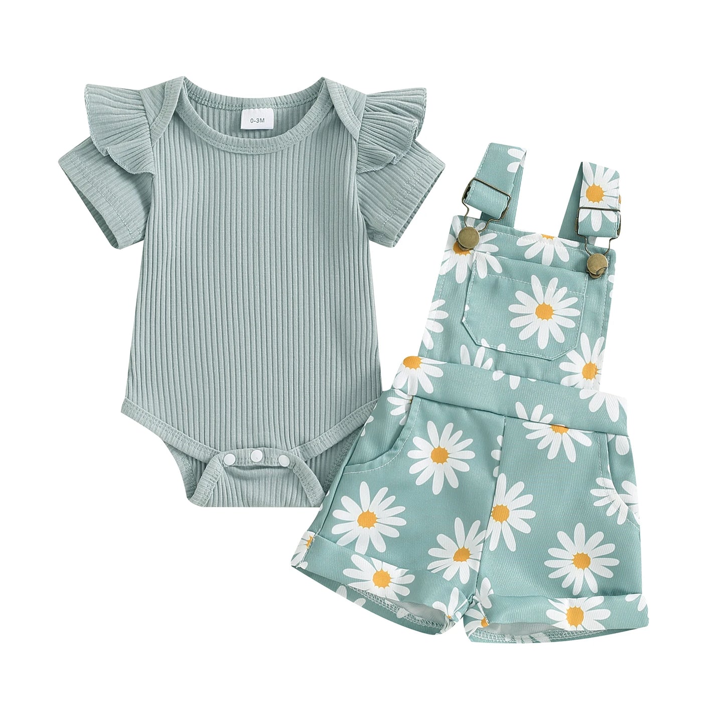Floral Daisy Print Ruffle Sleeve Overall Set
