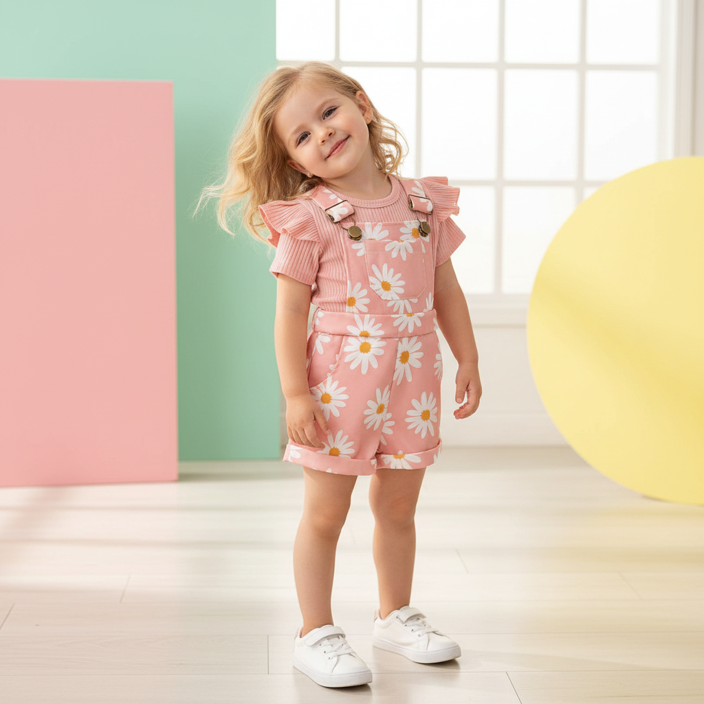 Floral Daisy Print Ruffle Sleeve Overall Set