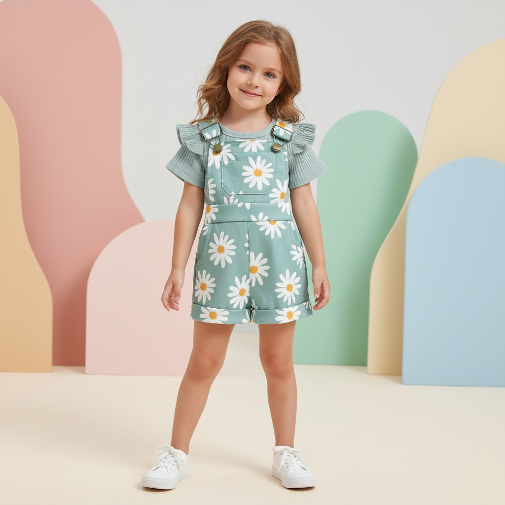 Floral Daisy Print Ruffle Sleeve Overall Set