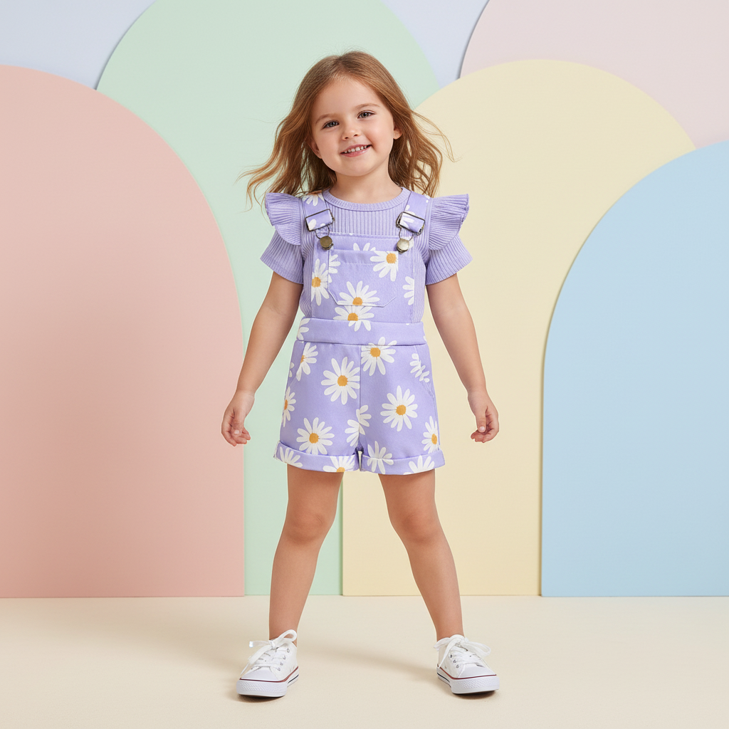 Floral Daisy Print Ruffle Sleeve Overall Set