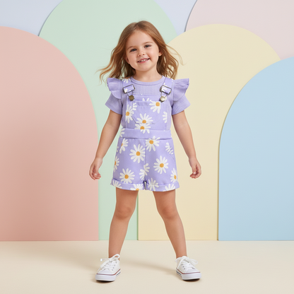 Floral Daisy Print Ruffle Sleeve Overall Set