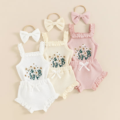 Ruffled Floral Romper & Bow Headband Set