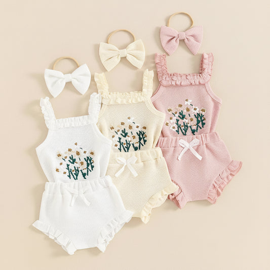 Ruffled Floral Romper & Bow Headband Set