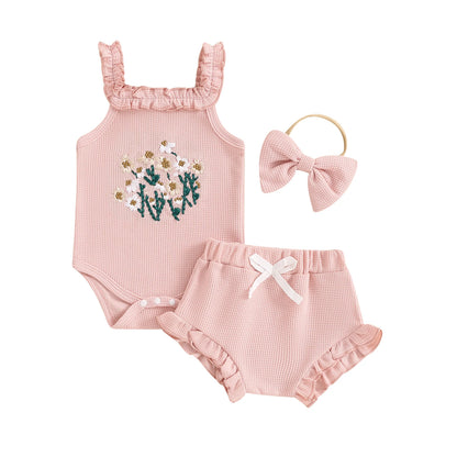 Ruffled Floral Romper & Bow Headband Set