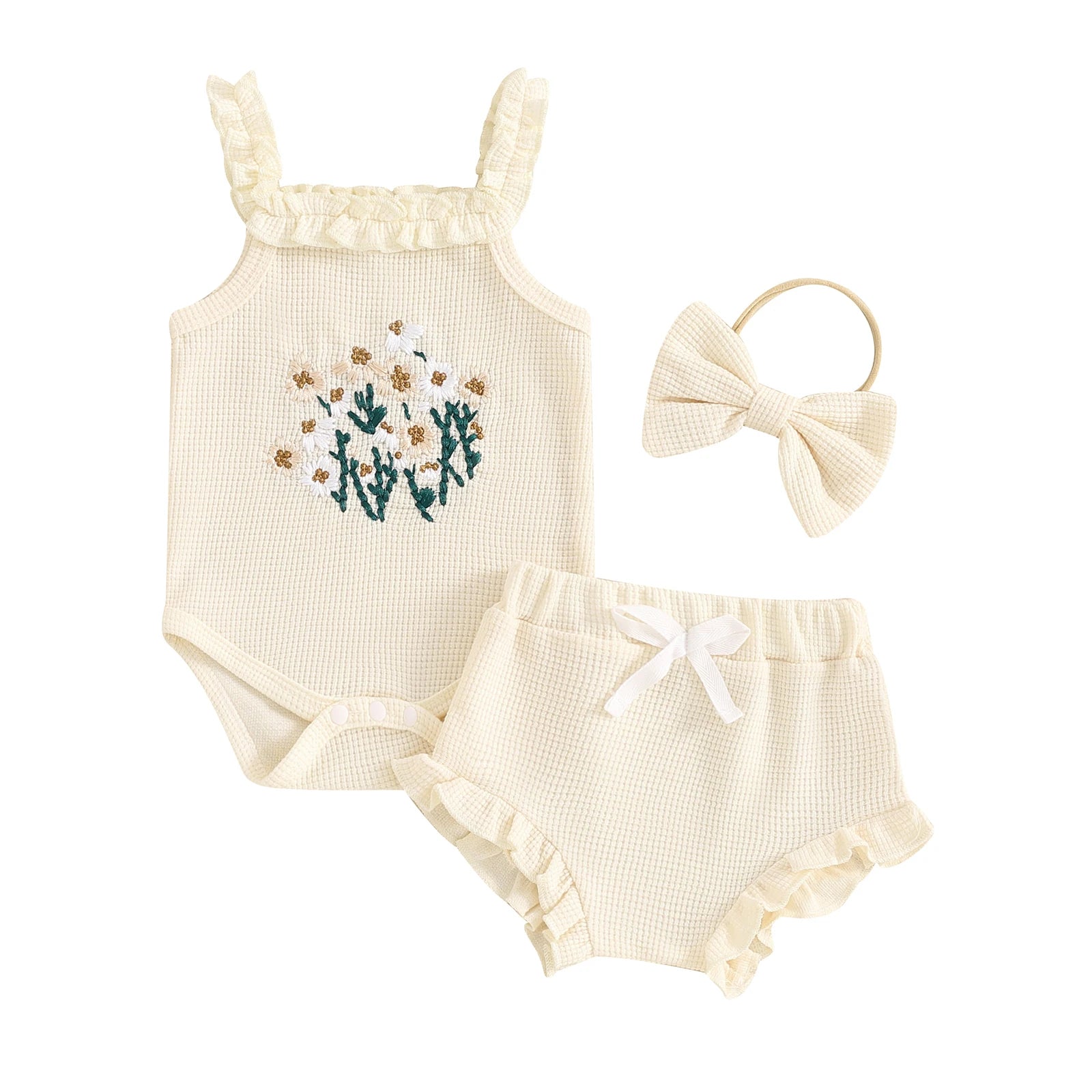 Ruffled Floral Romper & Bow Headband Set