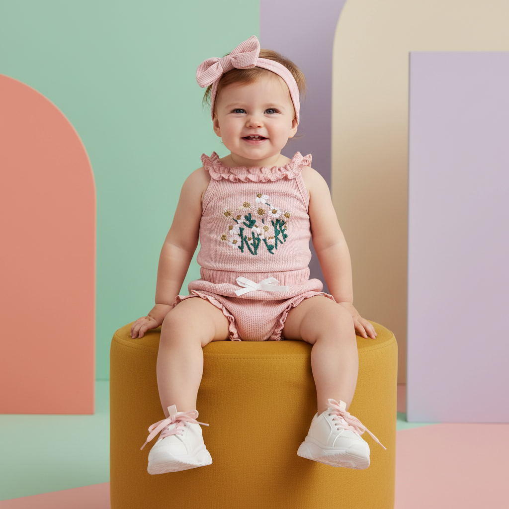 Ruffled Floral Romper & Bow Headband Set