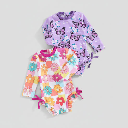 Butterfly Print & Floral Check Long Sleeve Swimsuit