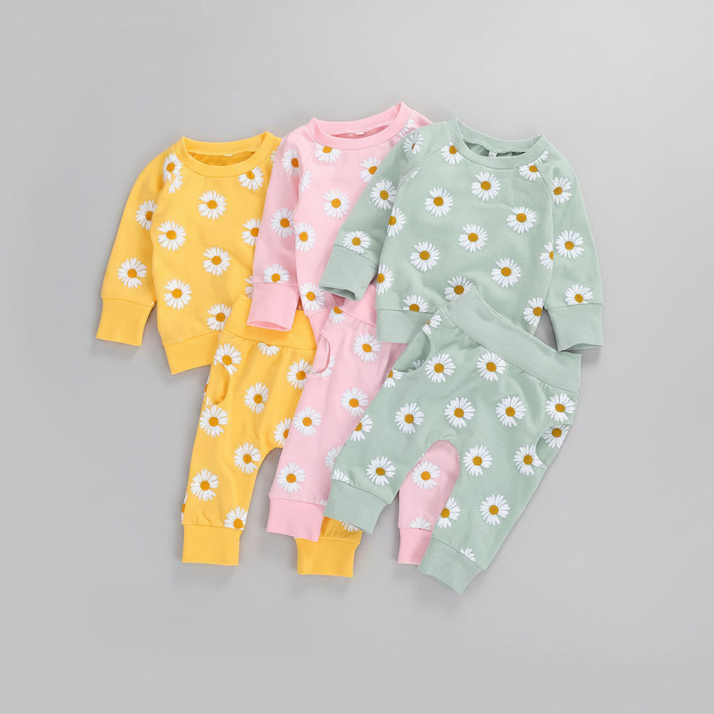 100% Cotton Daisy Floral Print Sweatshirt Pants & Headband Set