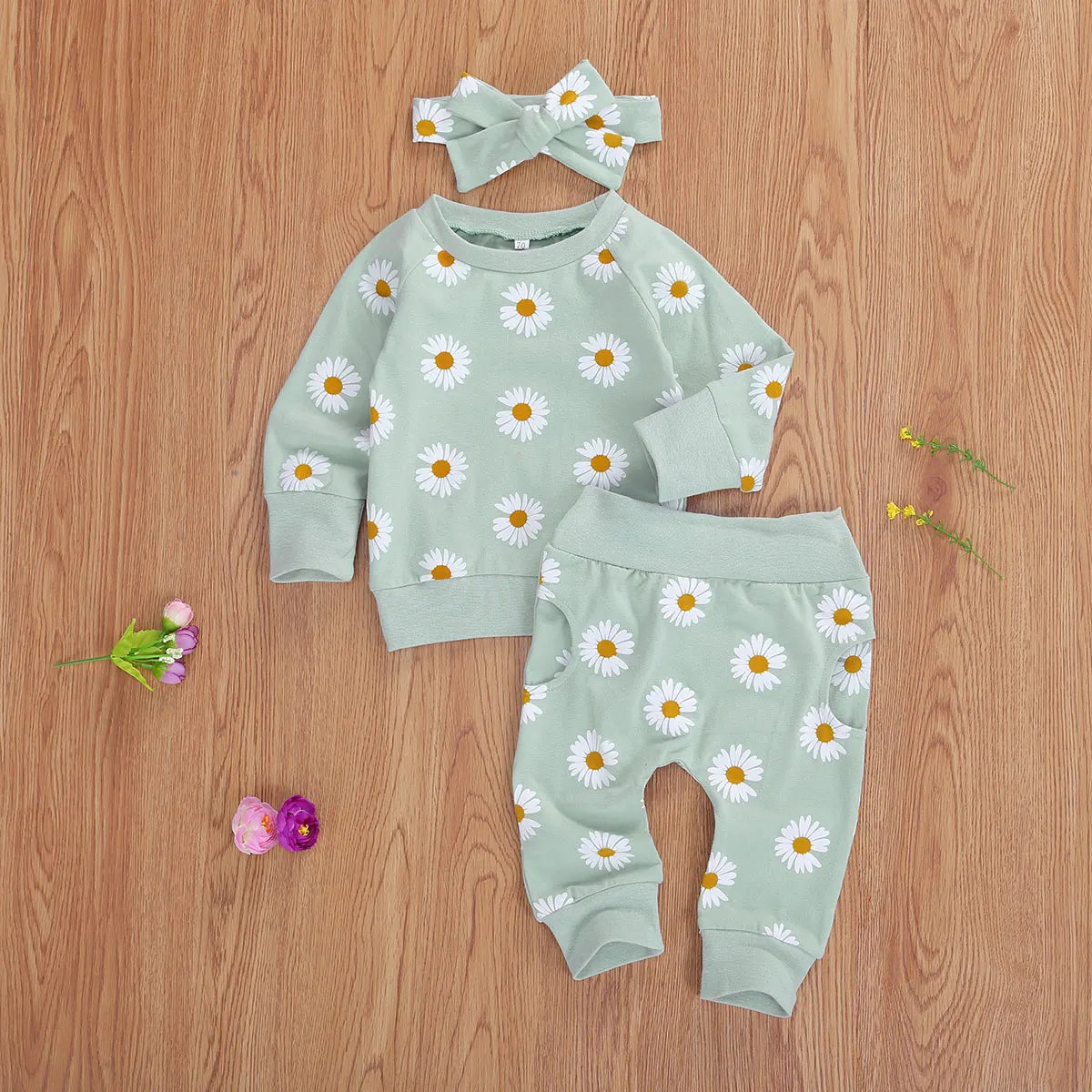 100% Cotton Daisy Floral Print Sweatshirt Pants & Headband Set