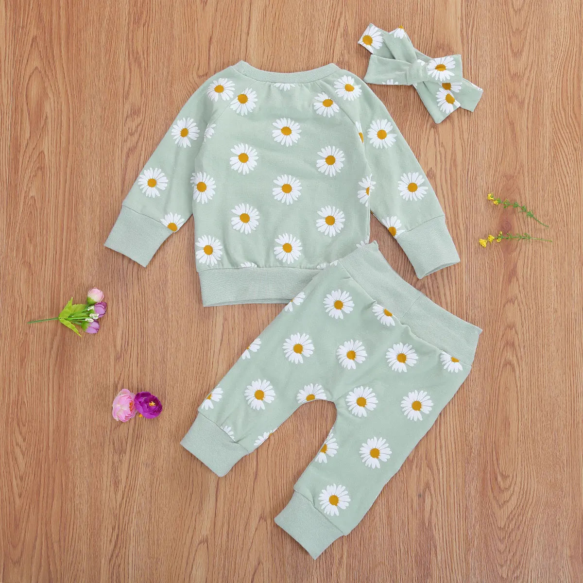 100% Cotton Daisy Floral Print Sweatshirt Pants & Headband Set