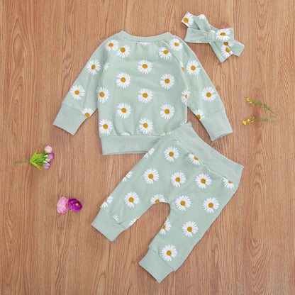 100% Cotton Daisy Floral Print Sweatshirt Pants & Headband Set