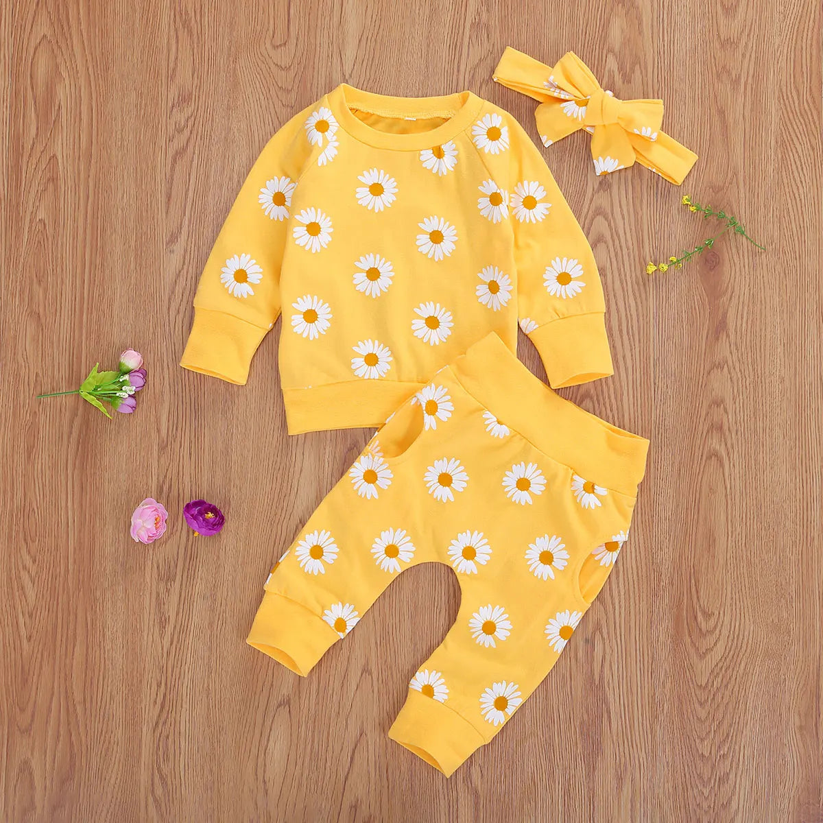 100% Cotton Daisy Floral Print Sweatshirt Pants & Headband Set