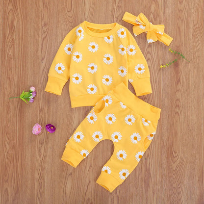 100% Cotton Daisy Floral Print Sweatshirt Pants & Headband Set