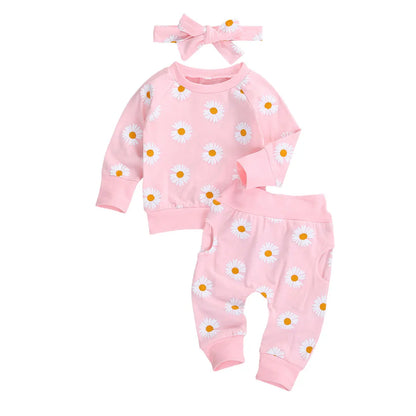100% Cotton Daisy Floral Print Sweatshirt Pants & Headband Set
