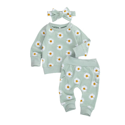100% Cotton Daisy Floral Print Sweatshirt Pants & Headband Set