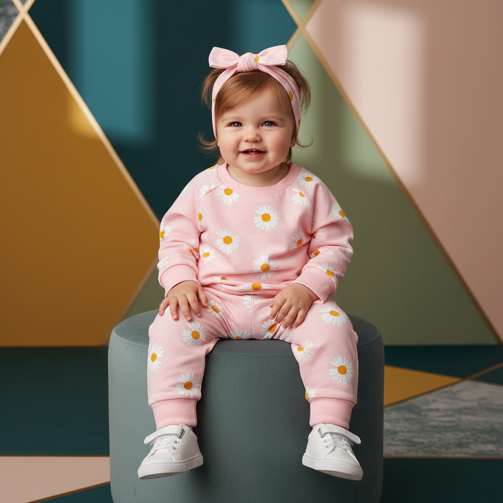 100% Cotton Daisy Floral Print Sweatshirt Pants & Headband Set