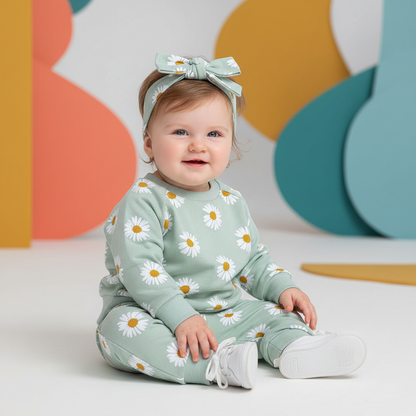 100% Cotton Daisy Floral Print Sweatshirt Pants & Headband Set