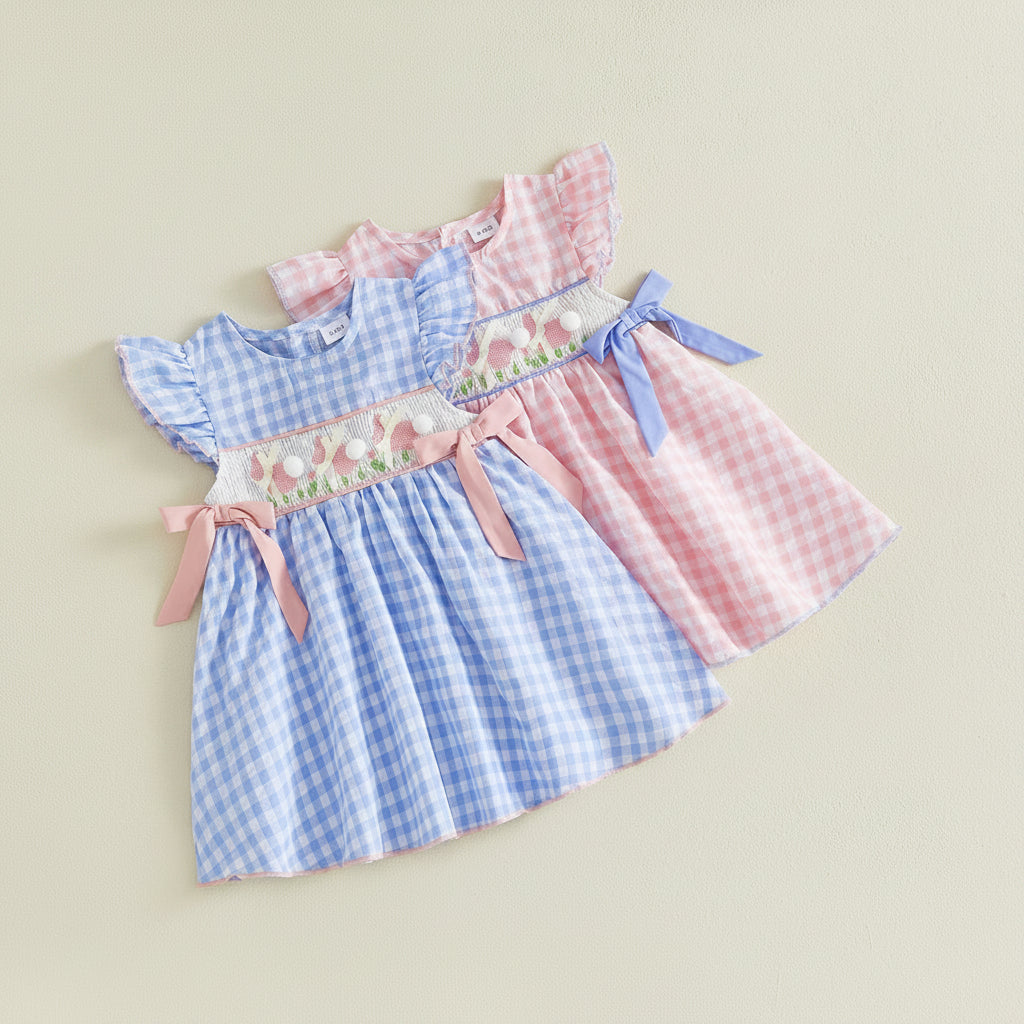 Gingham Dress With Pom Pom & Bow Detail Set