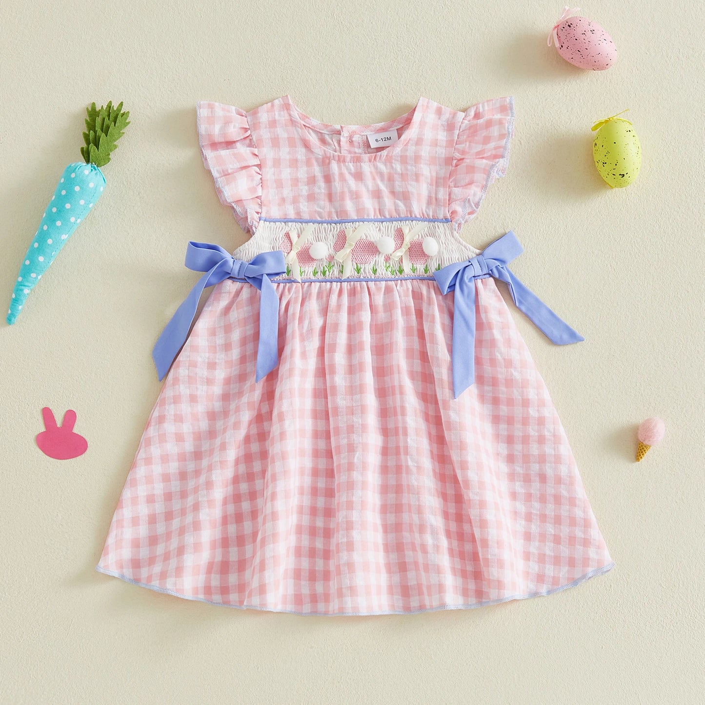 Gingham Dress With Pom Pom & Bow Detail Set