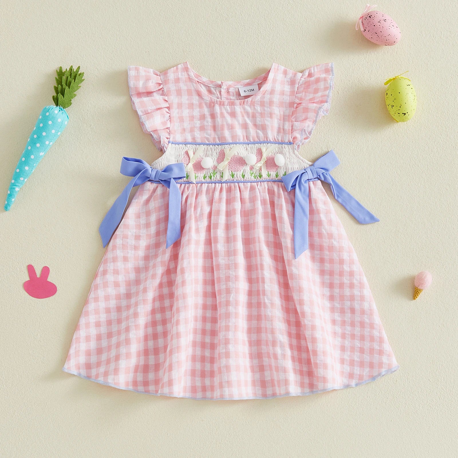 Gingham Dress With Pom Pom & Bow Detail Set