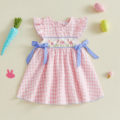 Gingham Dress With Pom Pom & Bow Detail Set