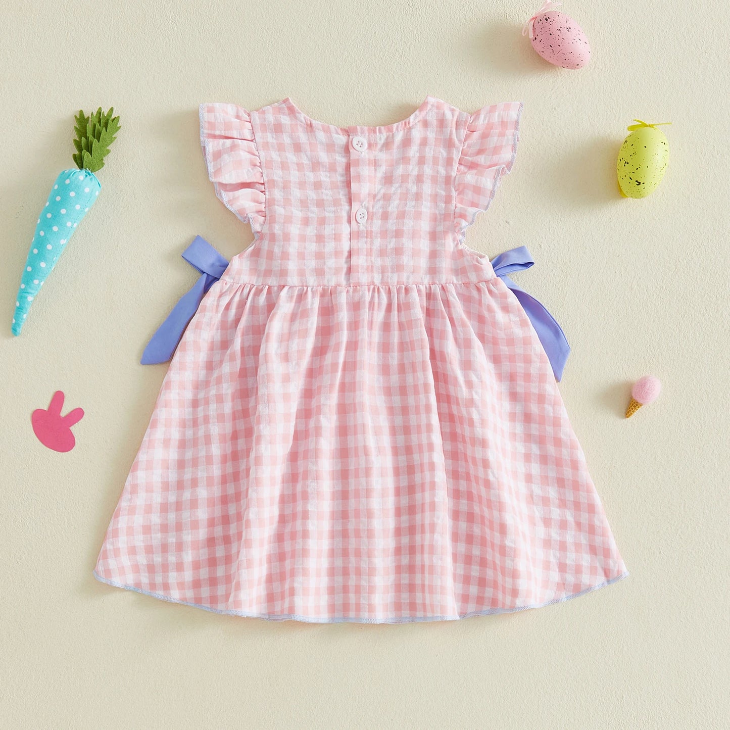 Gingham Dress With Pom Pom & Bow Detail Set