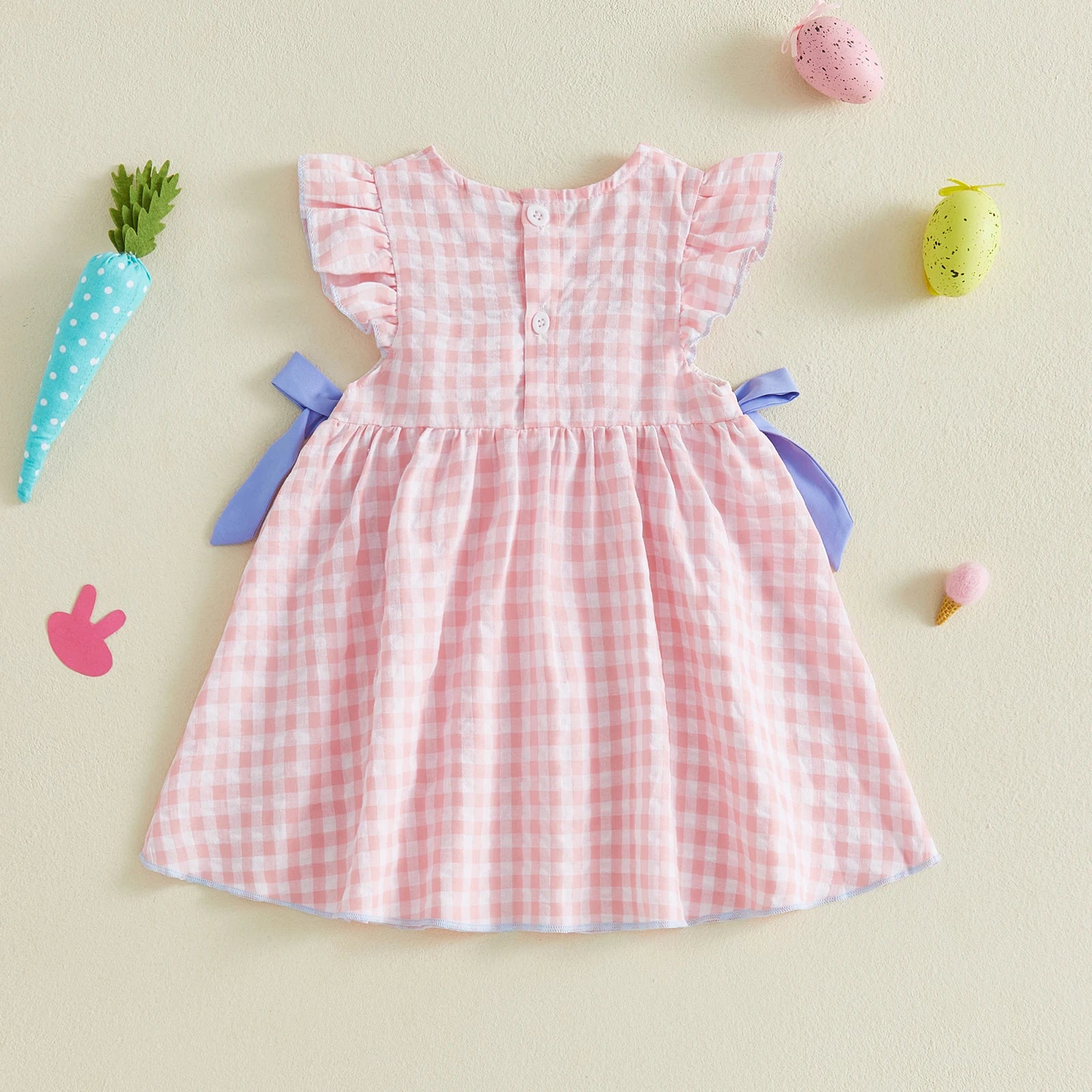 Gingham Dress With Pom Pom & Bow Detail Set