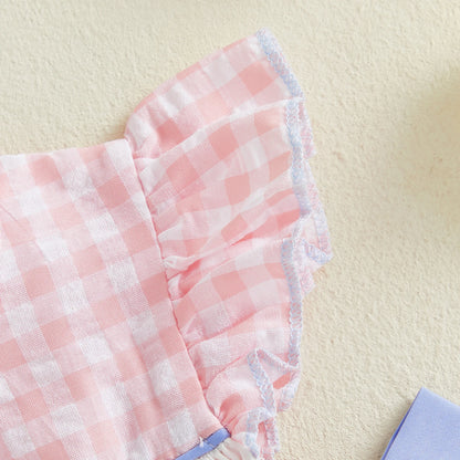 Gingham Dress With Pom Pom & Bow Detail Set