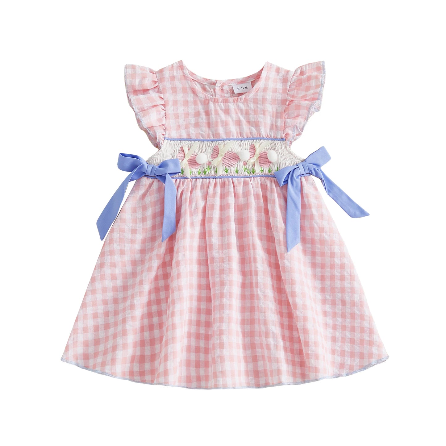 Gingham Dress With Pom Pom & Bow Detail Set