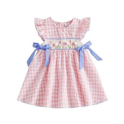 Gingham Dress With Pom Pom & Bow Detail Set