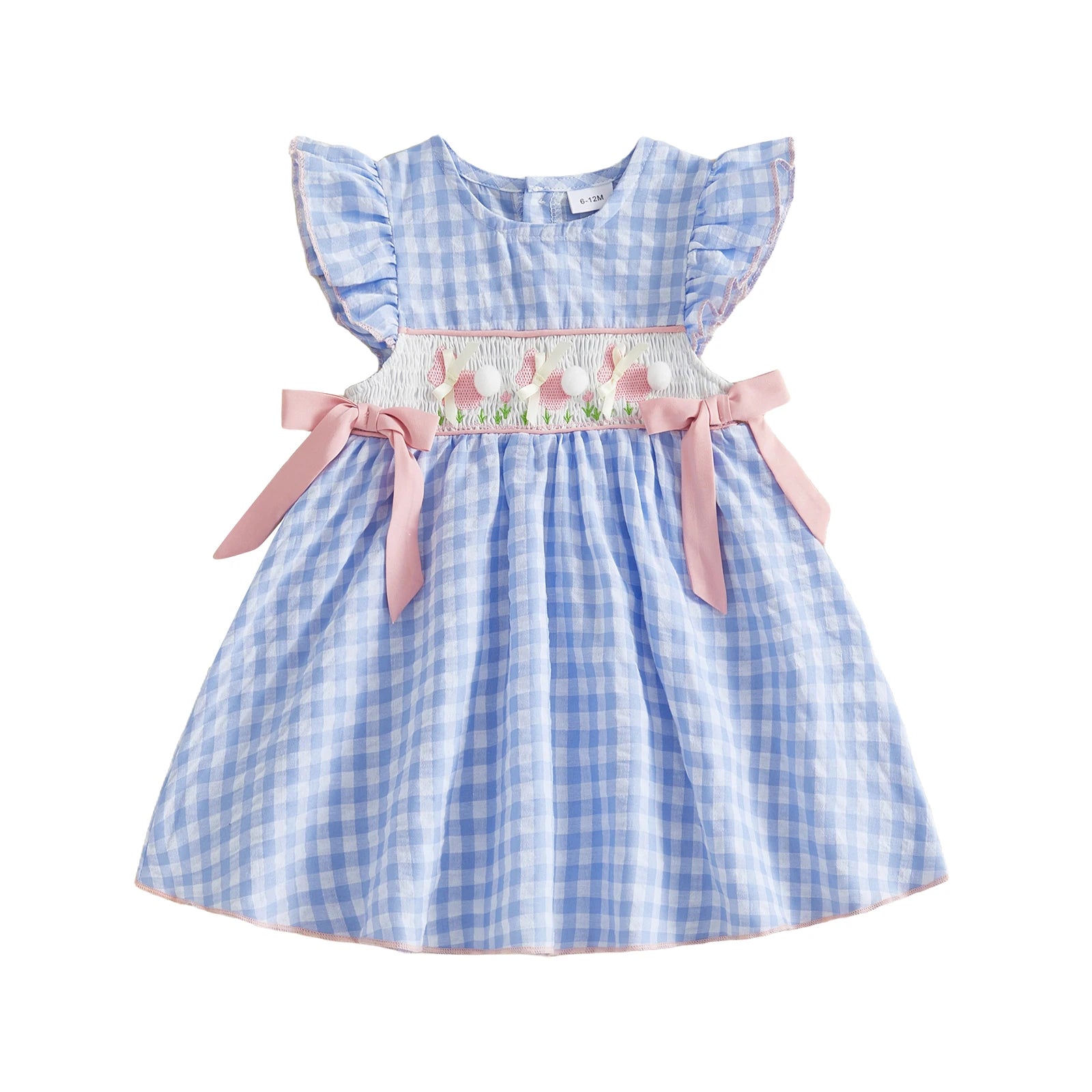 Gingham Dress With Pom Pom & Bow Detail Set
