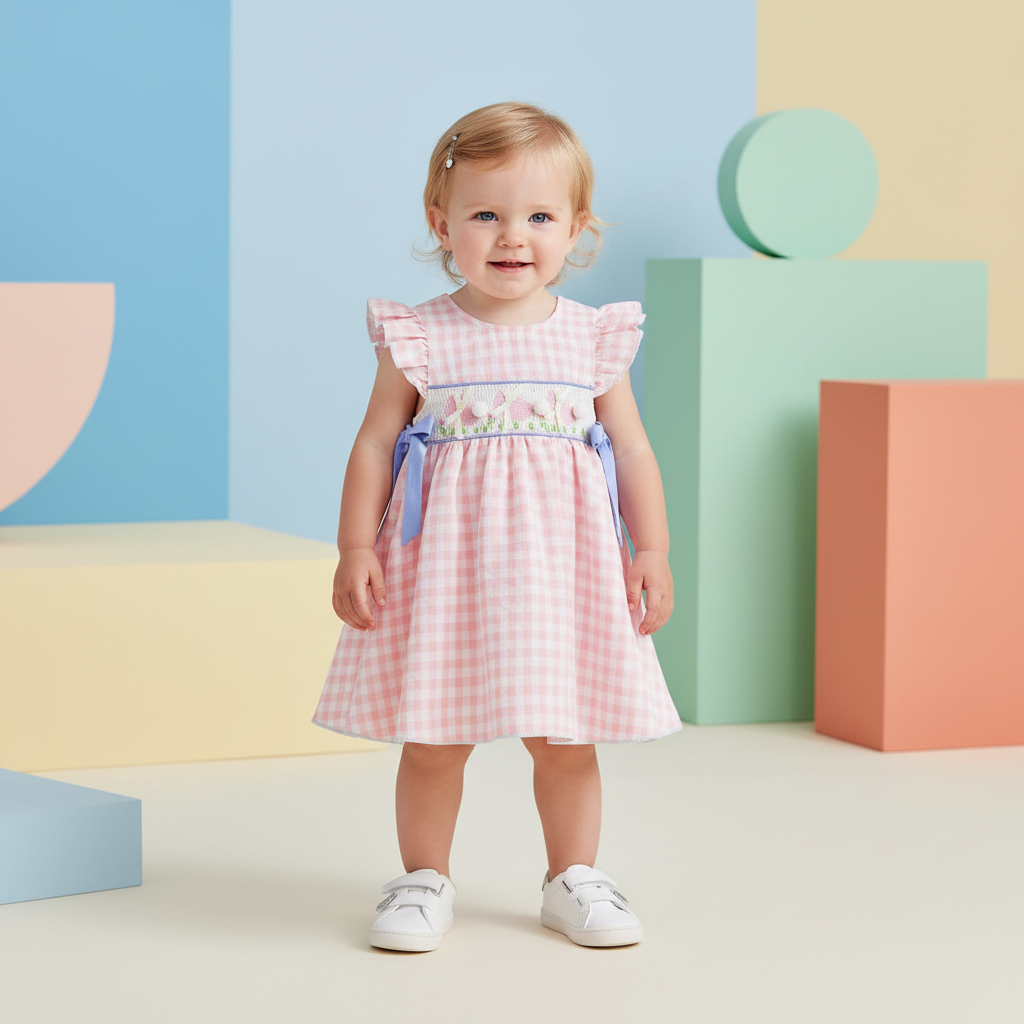Gingham Dress With Pom Pom & Bow Detail Set