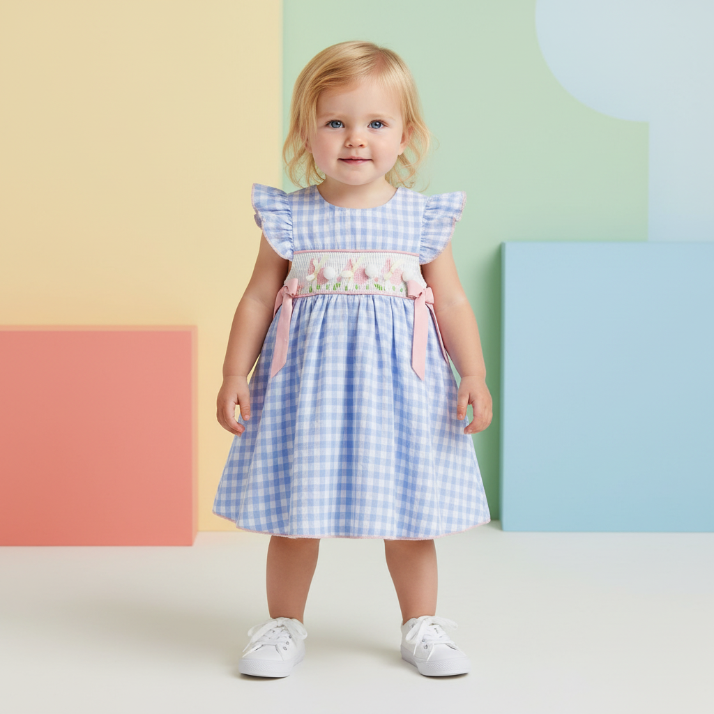 Gingham Dress With Pom Pom & Bow Detail Set