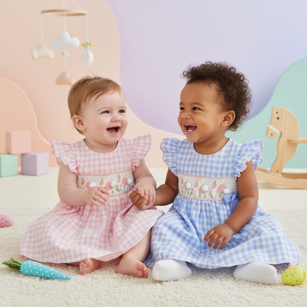 Gingham Dress With Pom Pom & Bow Detail Set