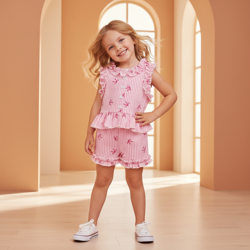 Cotton Pink Striped Ruffle Top & Shorts Set
